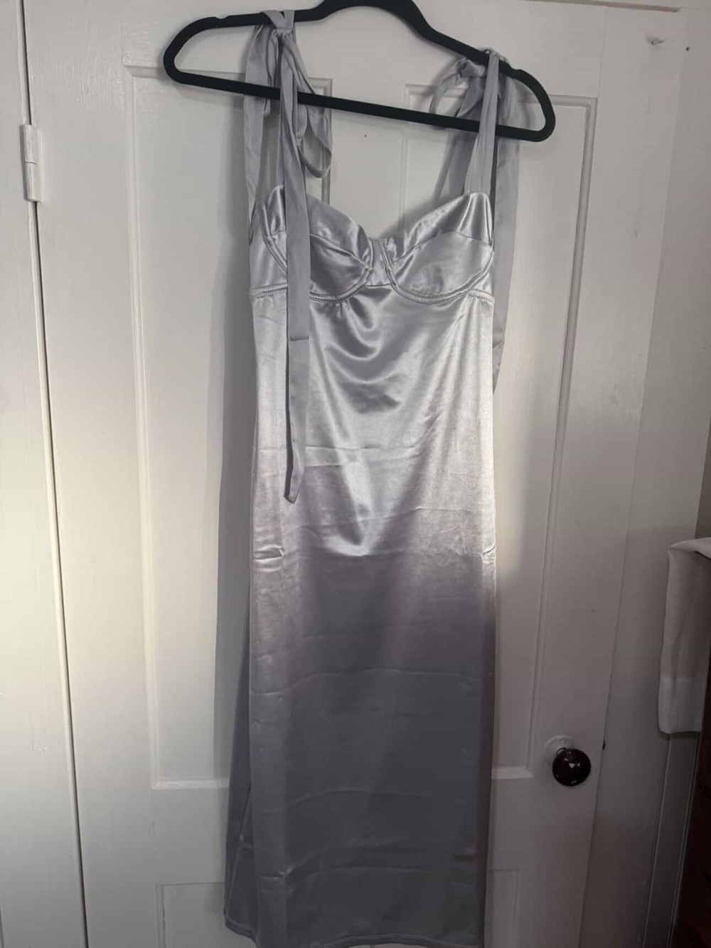 Free People Silver Satin Tie-Strap Midi Slip Dress
